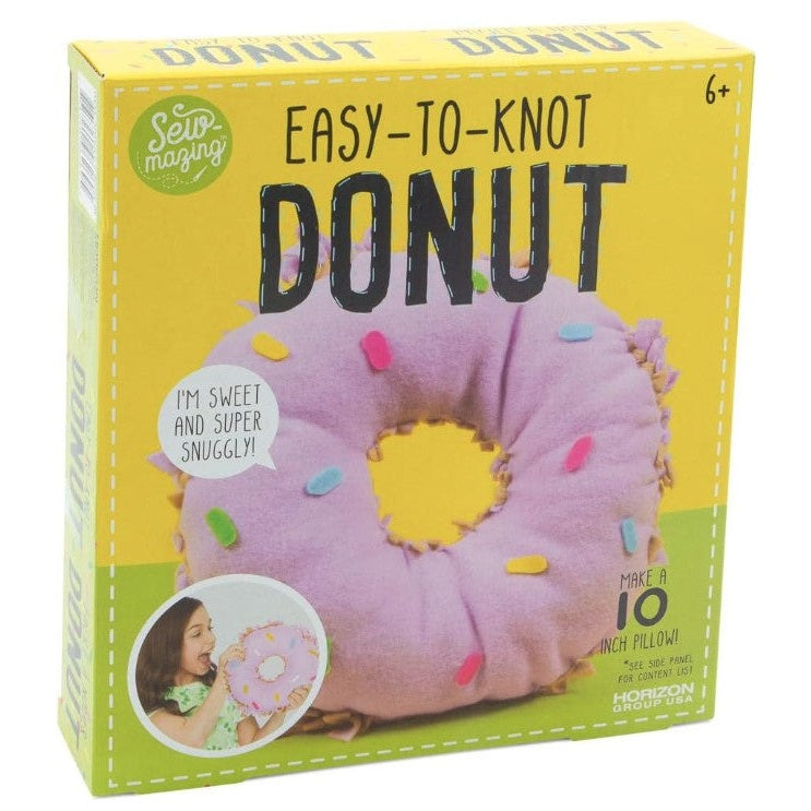 Product box for an "Easy-to-Knot Donut" craft kit.